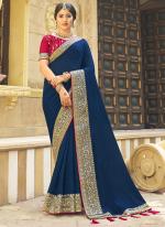Vichitra Silk Blue Festival Wear Embroidery Work Saree